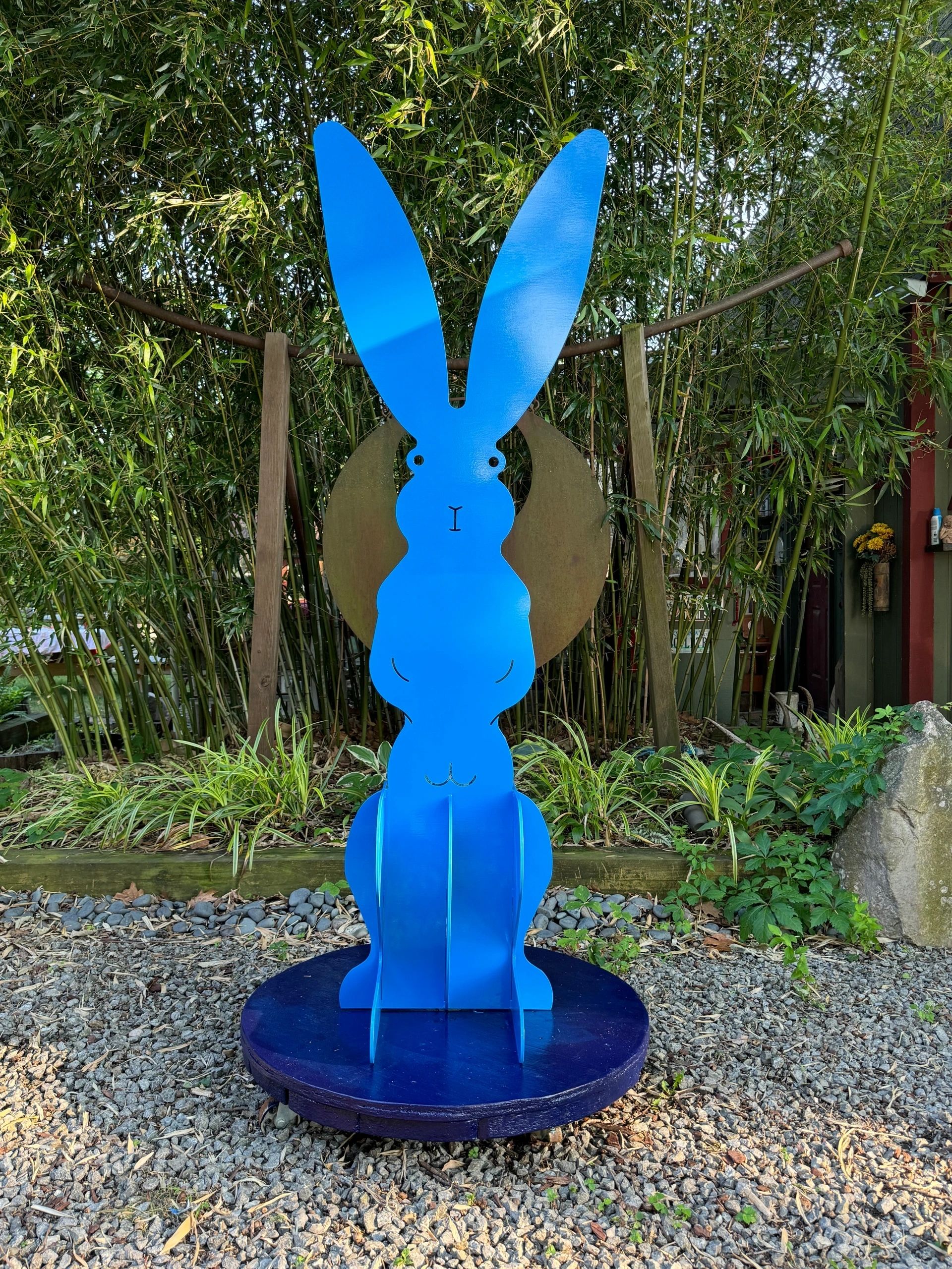 Big Blue Rabbit, metal sculpture by Brian Kirk