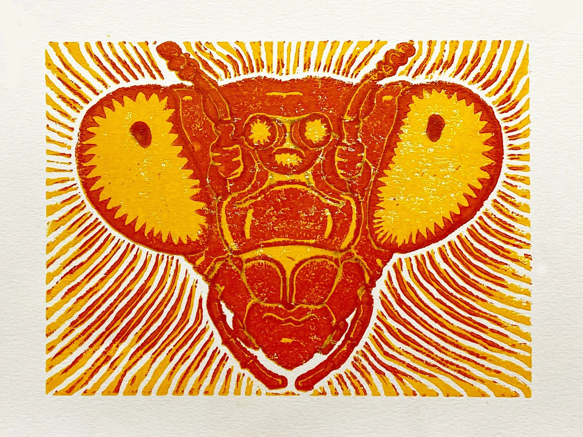 Linoleum block print of a bee by Brian Kirk